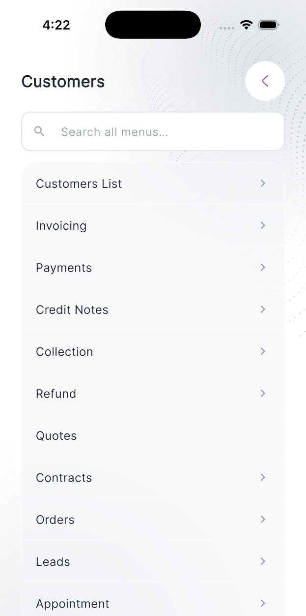 FlairSuite mobile app: customers menu with invoicing, payments and collections