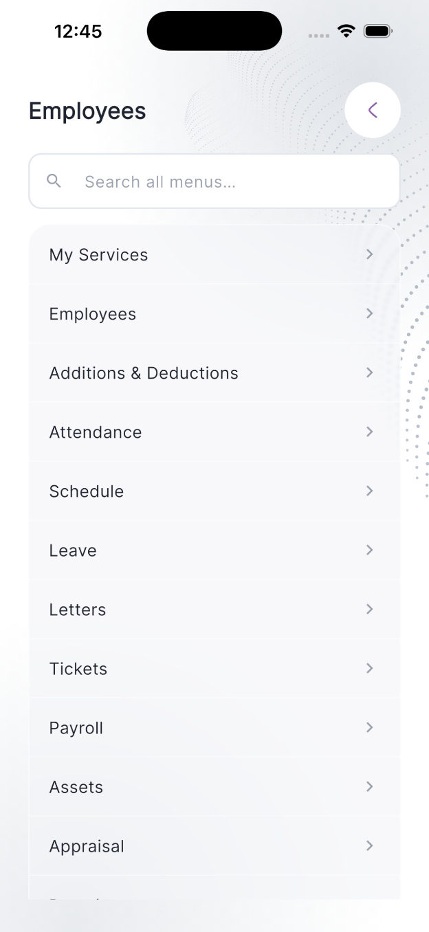 FlairSuite mobile app: employees menu with payroll, leave and attendance