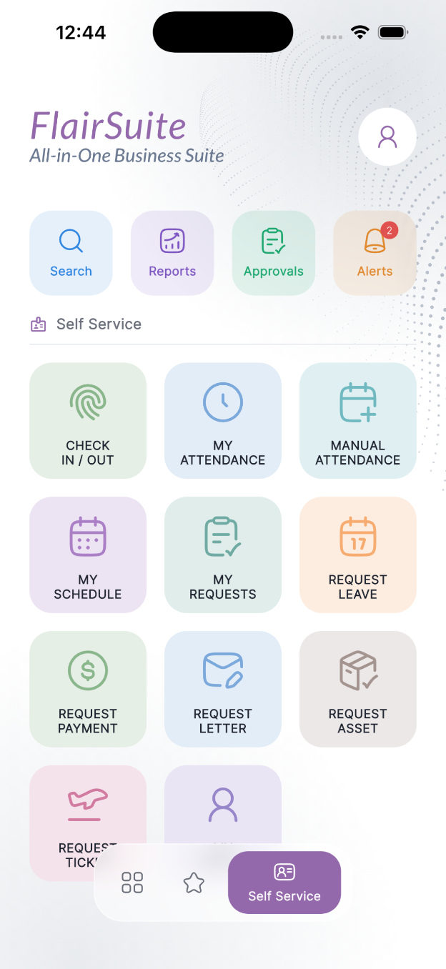 FlairSuite mobile app: employee self-service home screen